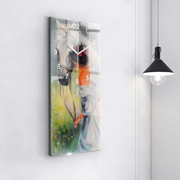 Modern vertical wall clock Beautiful woman with a horse
