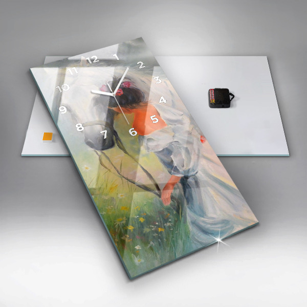 Modern vertical wall clock Beautiful woman with a horse