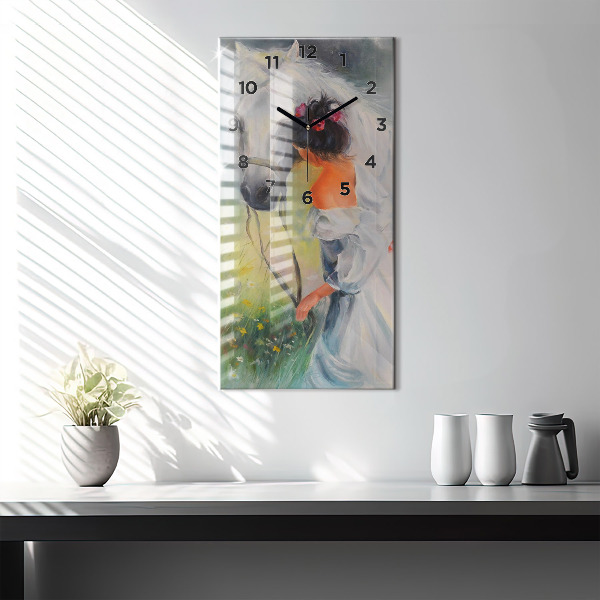 Modern vertical wall clock Beautiful woman with a horse