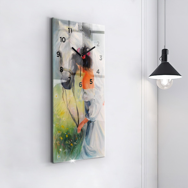 Modern vertical wall clock Beautiful woman with a horse