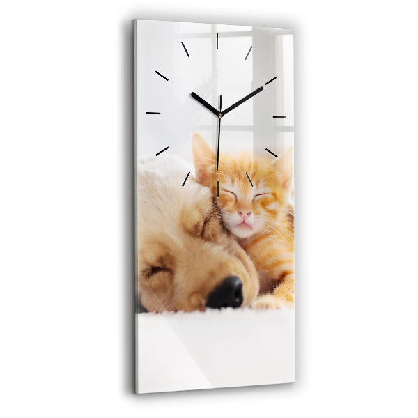 Modern vertical wall clock Sleeping cat and dog