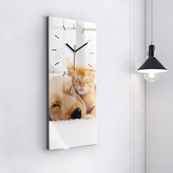Modern vertical wall clock Sleeping cat and dog