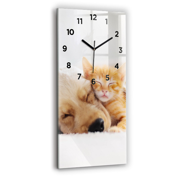 Modern vertical wall clock Sleeping cat and dog