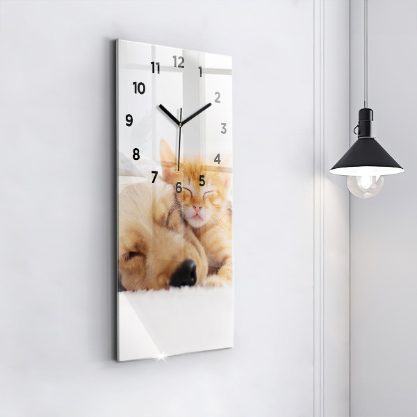Modern vertical wall clock Sleeping cat and dog