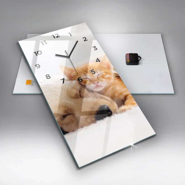 Modern vertical wall clock Sleeping cat and dog