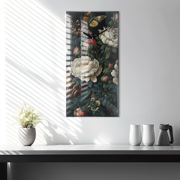 Modern vertical wall clock Flower and golden butterflies