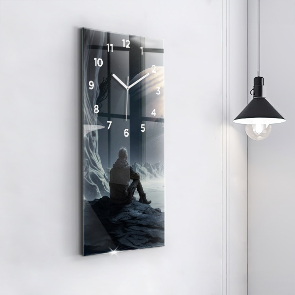 Modern vertical wall clock Man in front of the moon