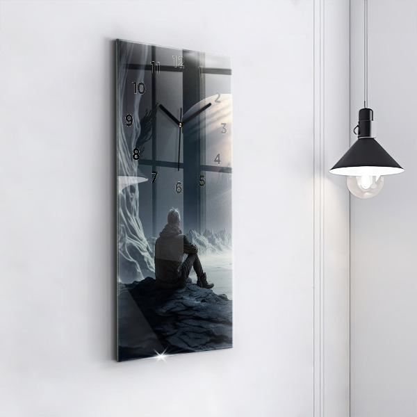 Modern vertical wall clock Man in front of the moon