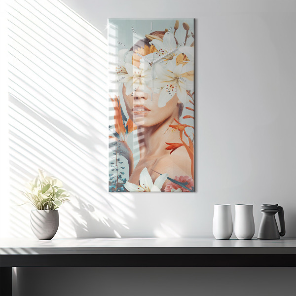 Modern vertical wall clock Woman with flowers