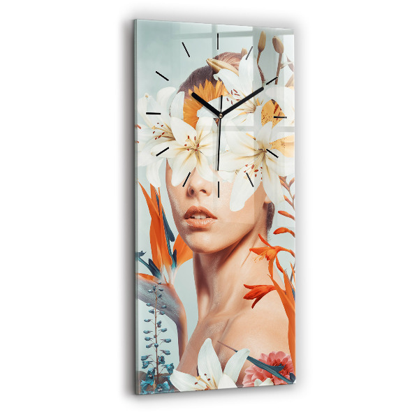 Modern vertical wall clock Woman with flowers