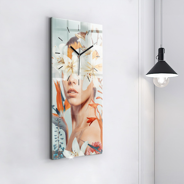 Modern vertical wall clock Woman with flowers