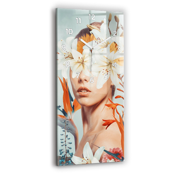 Modern vertical wall clock Woman with flowers