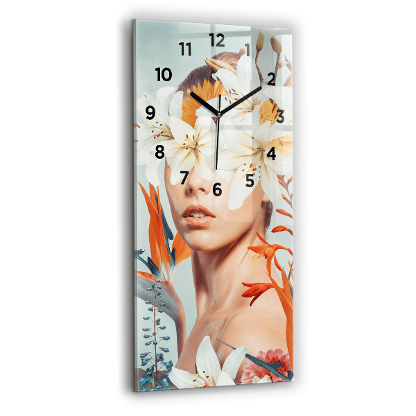 Modern vertical wall clock Woman with flowers