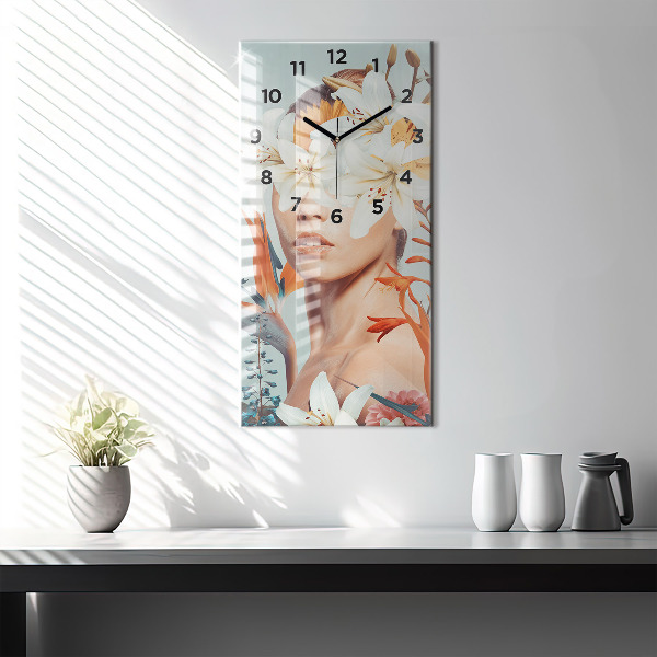 Modern vertical wall clock Woman with flowers