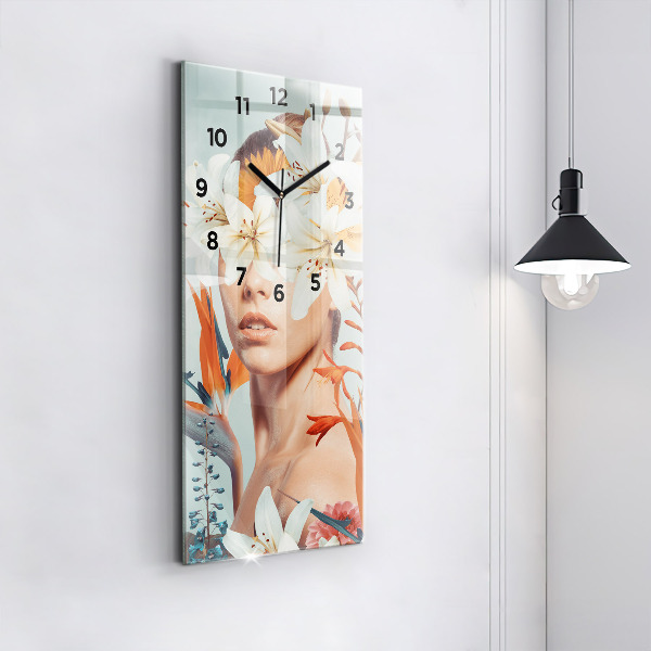 Modern vertical wall clock Woman with flowers