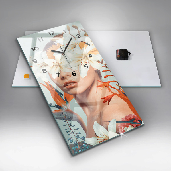 Modern vertical wall clock Woman with flowers