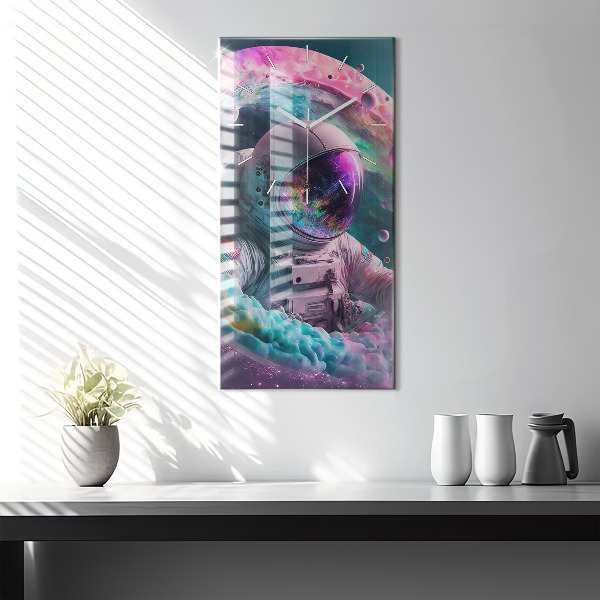 Modern vertical wall clock Cosmonaut and colorful clouds