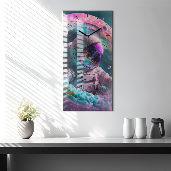 Modern vertical wall clock Cosmonaut and colorful clouds