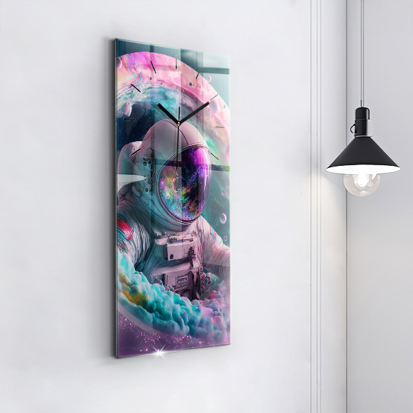 Modern vertical wall clock Cosmonaut and colorful clouds