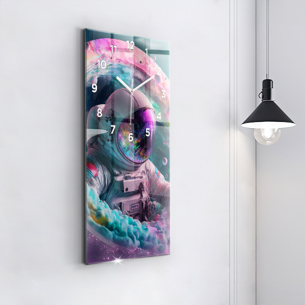 Modern vertical wall clock Cosmonaut and colorful clouds