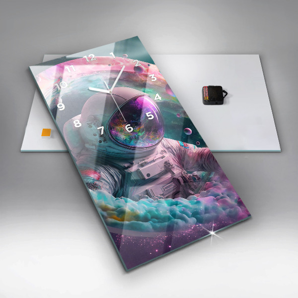 Modern vertical wall clock Cosmonaut and colorful clouds
