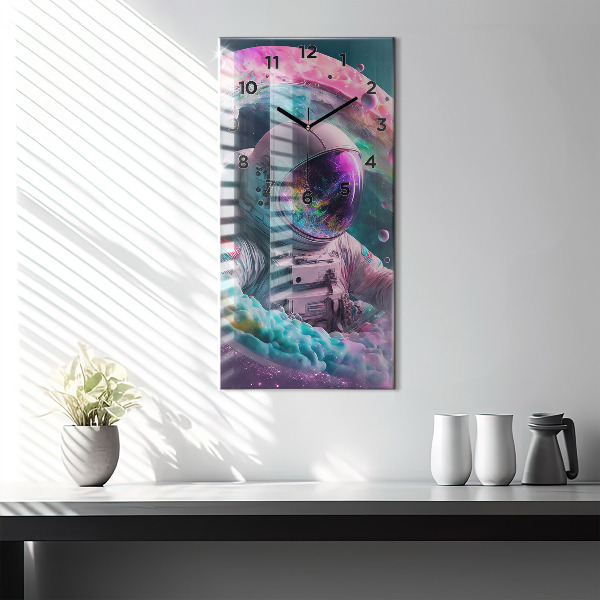 Modern vertical wall clock Cosmonaut and colorful clouds