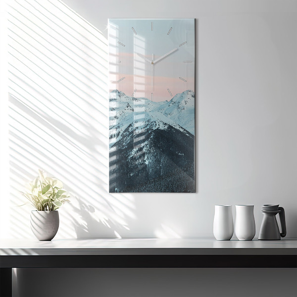 Modern vertical wall clock Mountain range in winter