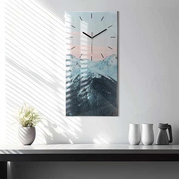 Modern vertical wall clock Mountain range in winter