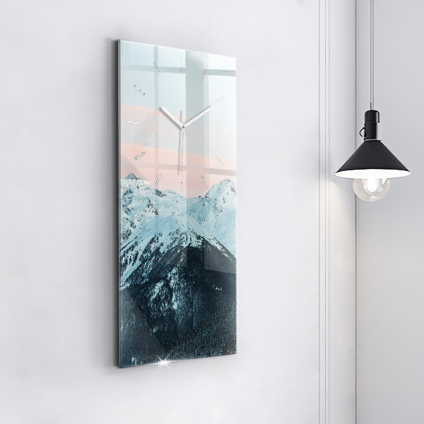Modern vertical wall clock Mountain range in winter