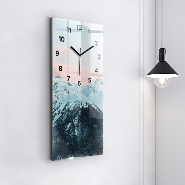 Modern vertical wall clock Mountain range in winter