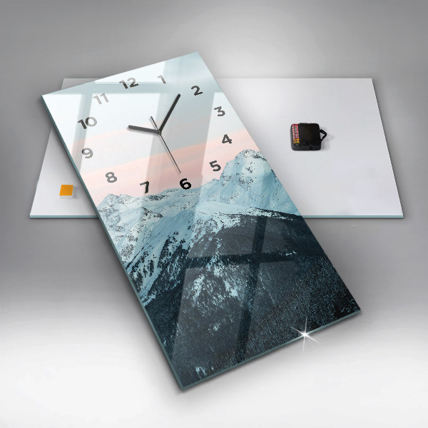 Modern vertical wall clock Mountain range in winter