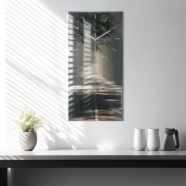 Modern vertical wall clock Forest road and streaks of sunlight