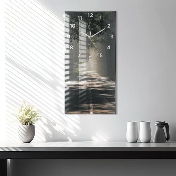 Modern vertical wall clock Forest road and streaks of sunlight