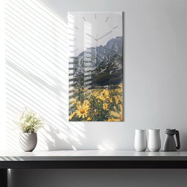 Modern vertical wall clock Meadow flowers in the mountains