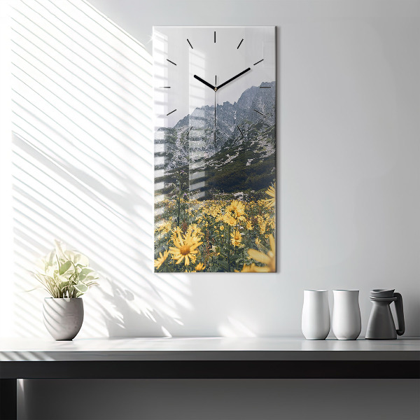 Modern vertical wall clock Meadow flowers in the mountains