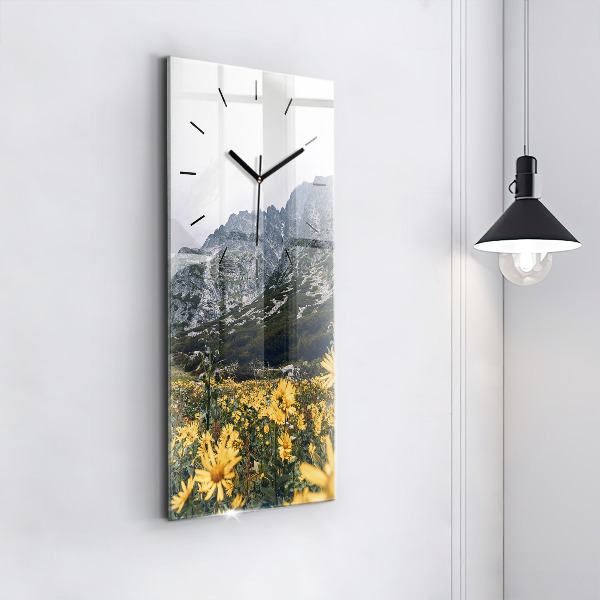 Modern vertical wall clock Meadow flowers in the mountains