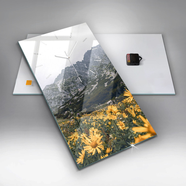 Modern vertical wall clock Meadow flowers in the mountains