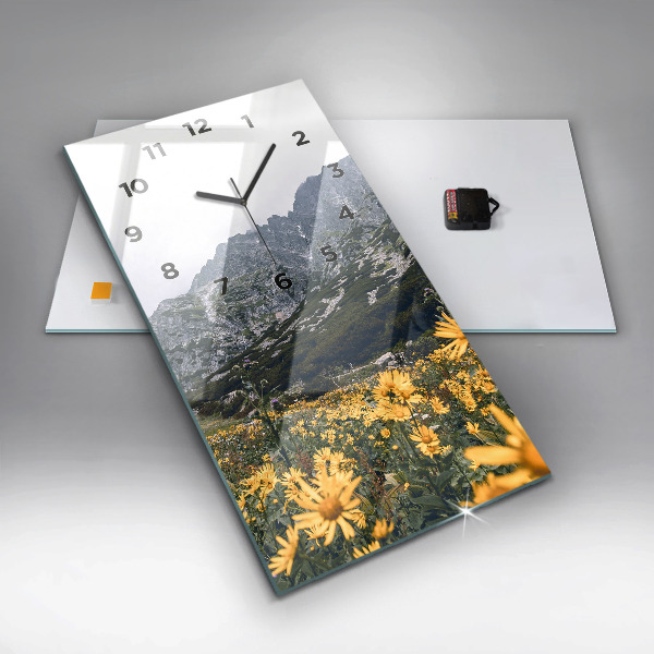 Modern vertical wall clock Meadow flowers in the mountains