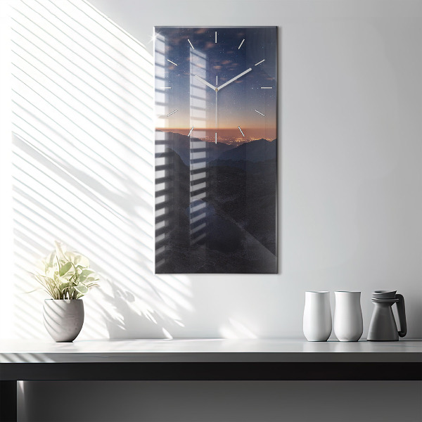 Modern vertical wall clock Mountains at sunset