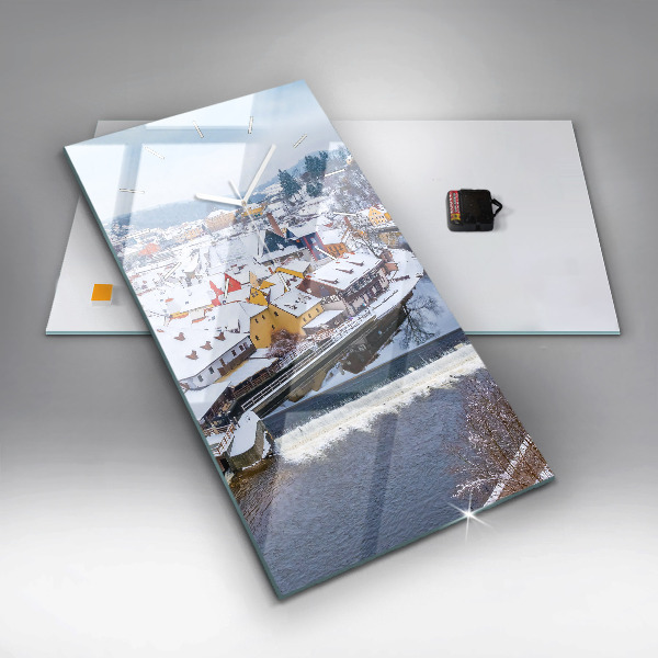 Modern vertical wall clock Panorama of the city in winter