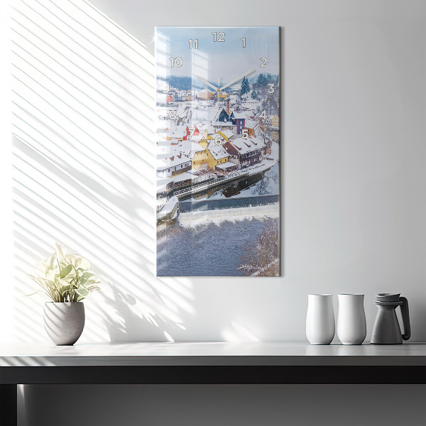 Modern vertical wall clock Panorama of the city in winter