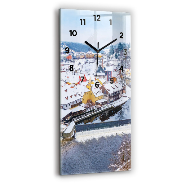 Modern vertical wall clock Panorama of the city in winter