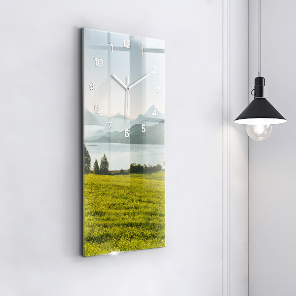Modern vertical wall clock Mountains and field