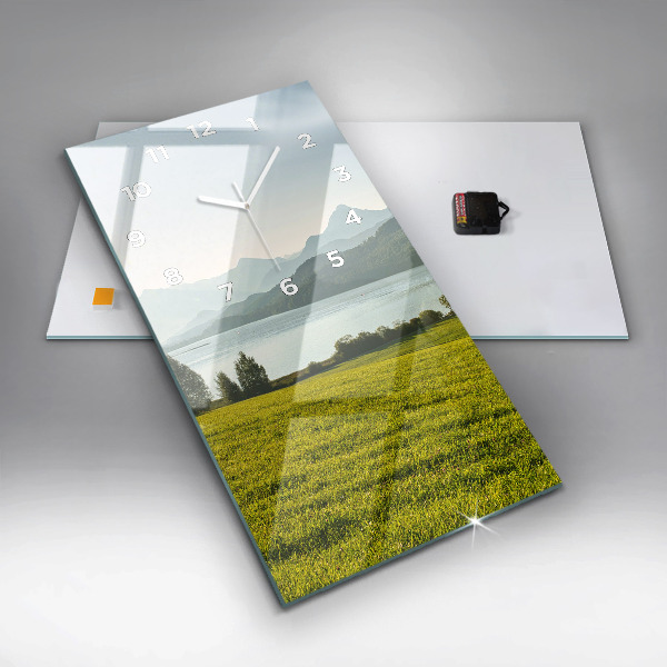 Modern vertical wall clock Mountains and field