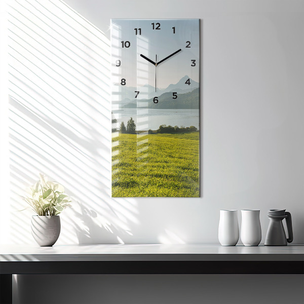 Modern vertical wall clock Mountains and field