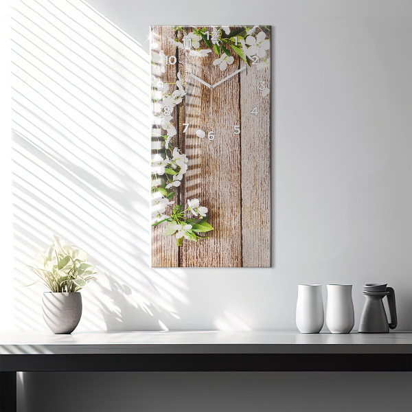 Modern vertical wall clock Flowers on wood