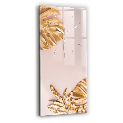 Modern vertical wall clock Golden tropical leaves