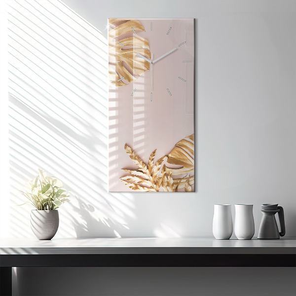 Modern vertical wall clock Golden tropical leaves