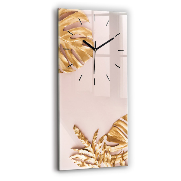 Modern vertical wall clock Golden tropical leaves