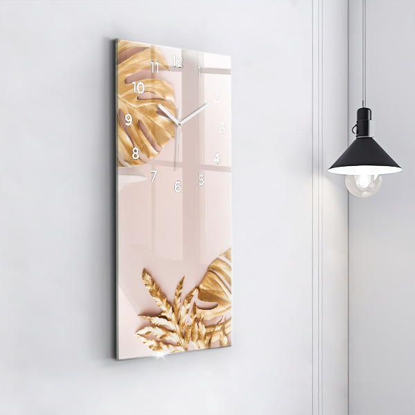 Modern vertical wall clock Golden tropical leaves
